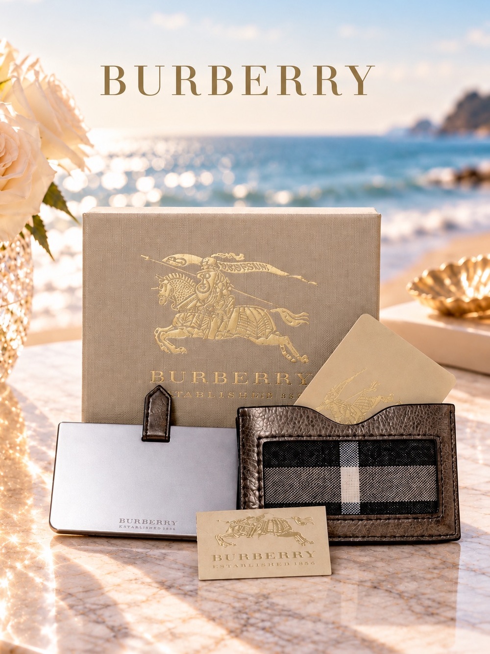 Burberry Metallic Bronze Card & Key Holder Set with House Check